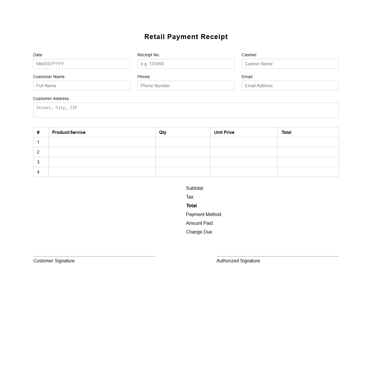 Classic Retail Payment Receipt Form