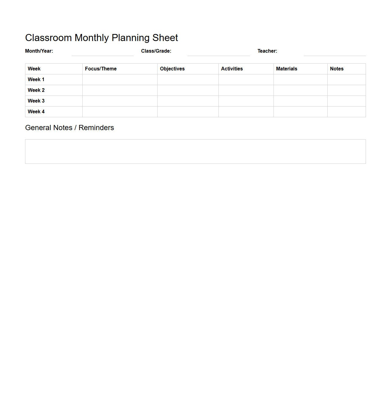 Classroom Monthly Planning Sheet