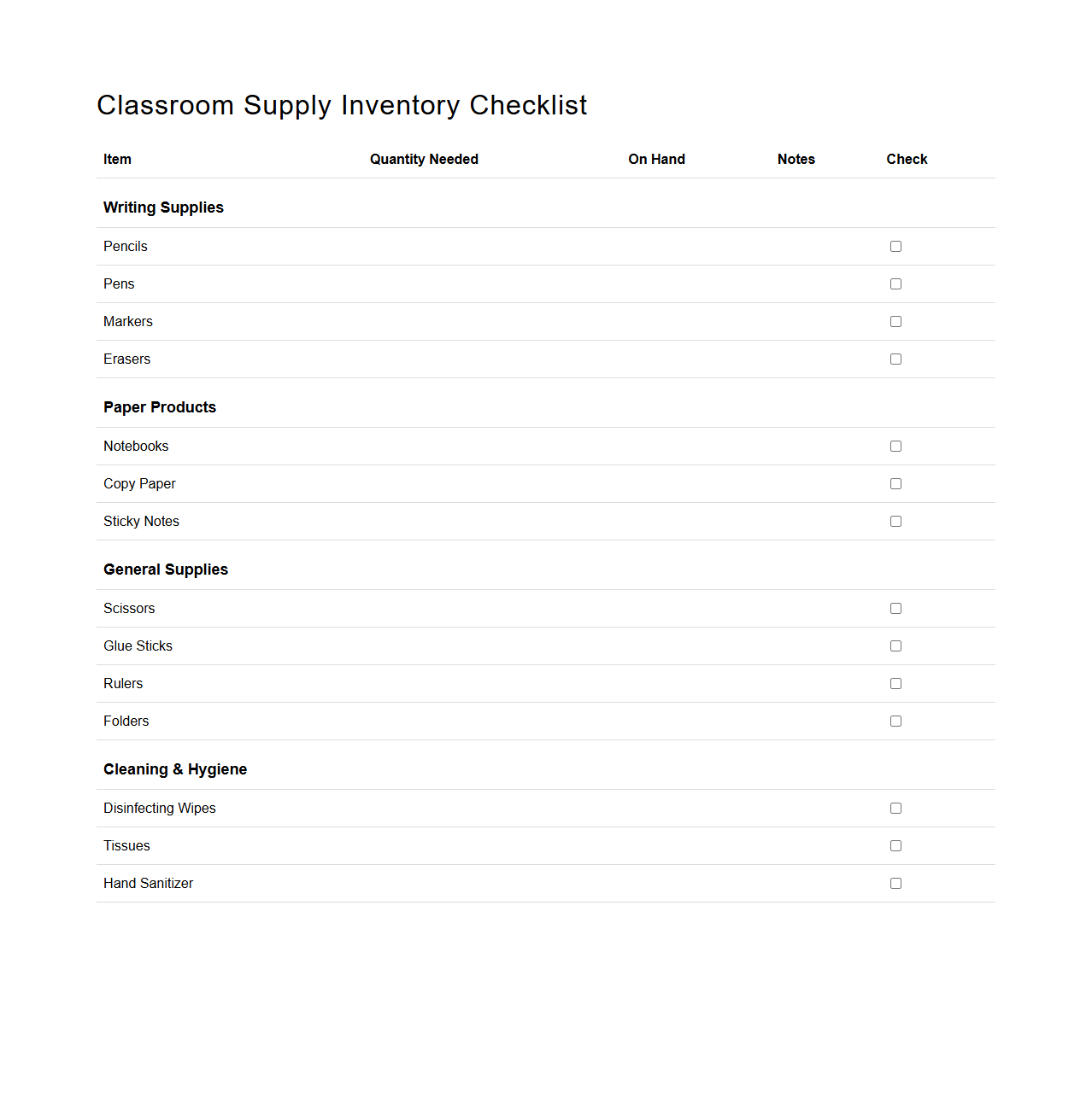 Classroom Supply Inventory Checklist