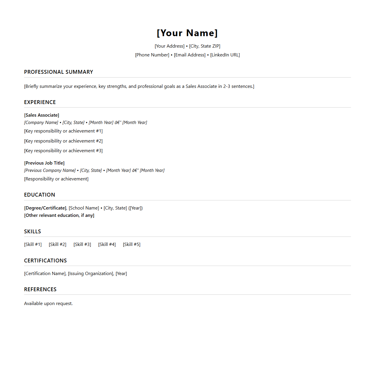 Clean Sales Associate Career Resume Sheet
