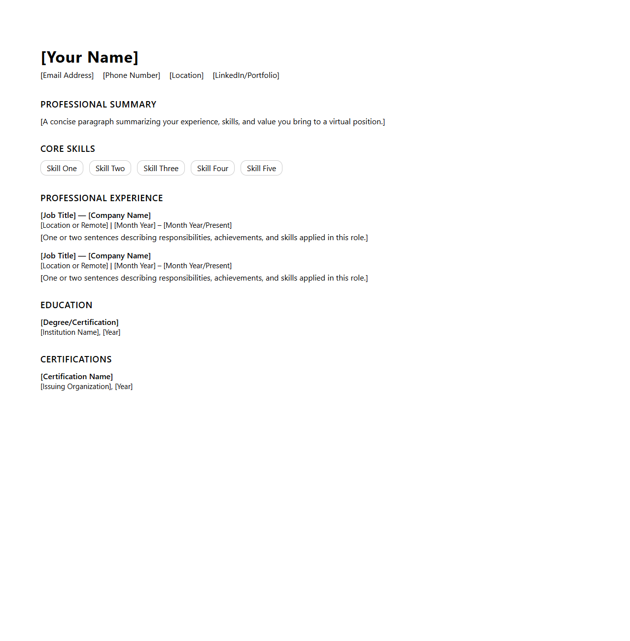 Clean Virtual Job Resume Outline