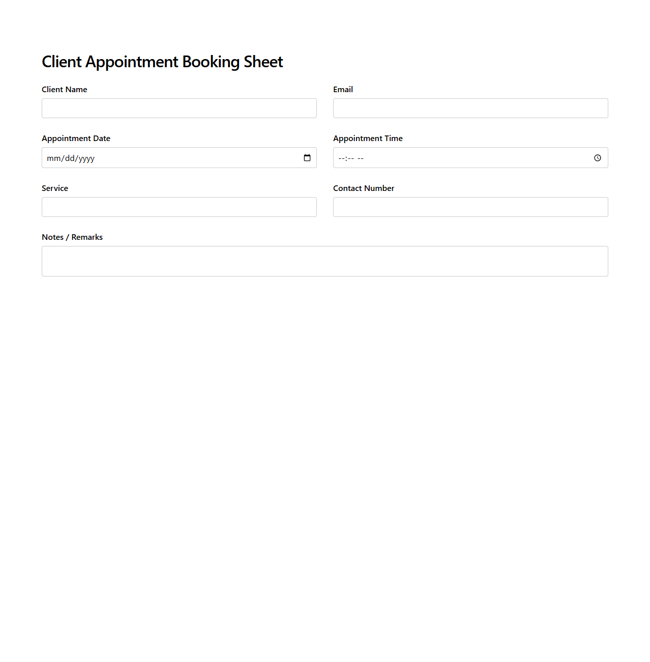 Client Appointment Booking Sheet Template
