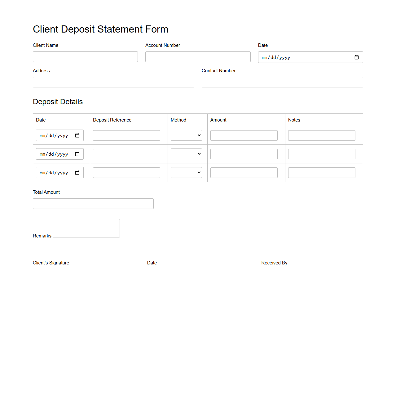 Client Deposit Statement Form