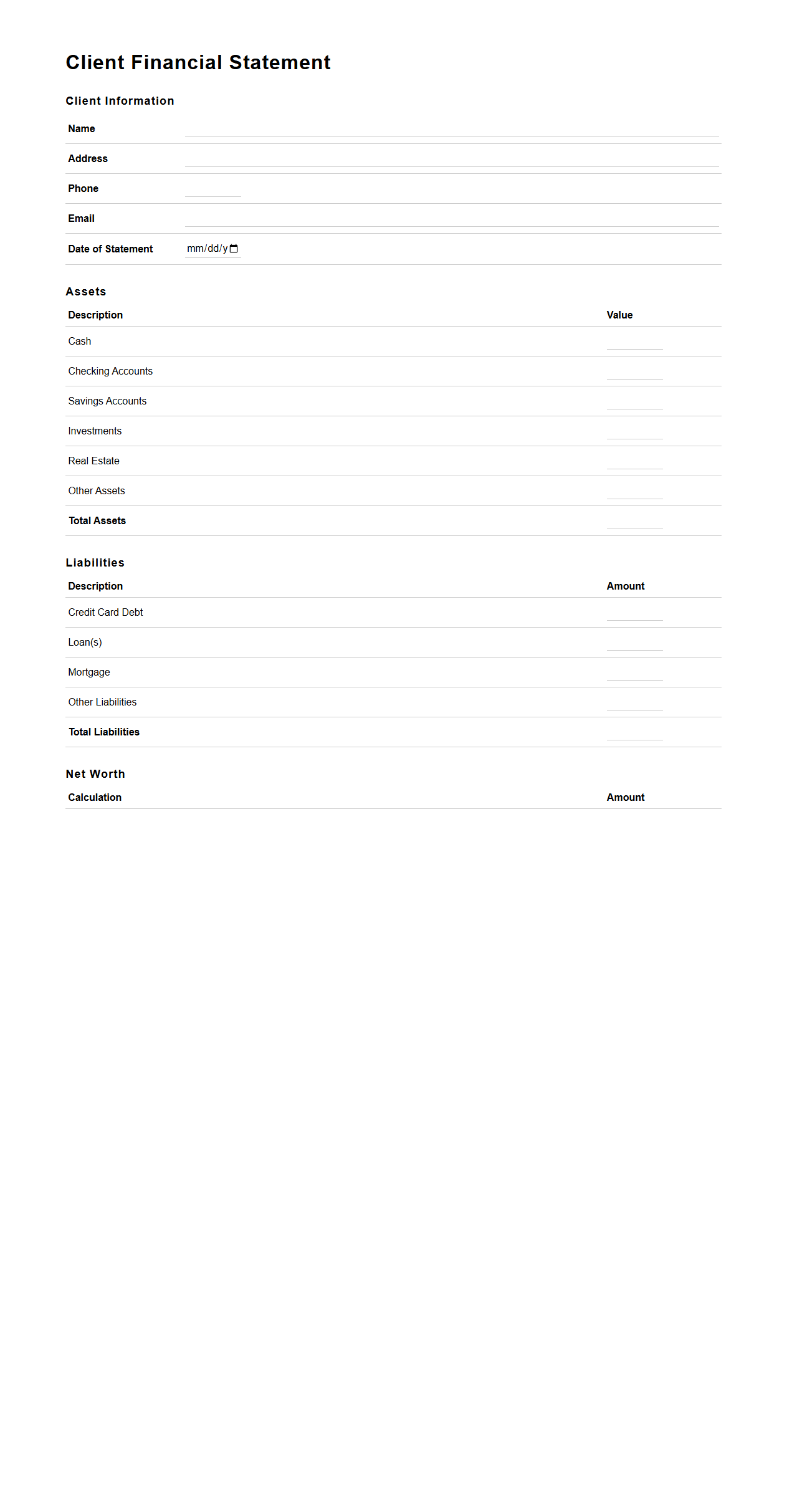Client Financial Statement Template