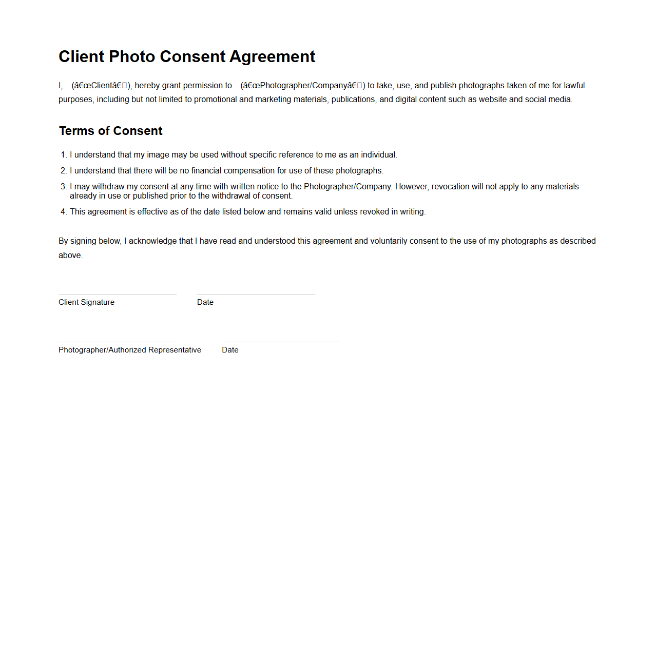 Client Photo Consent Agreement Template