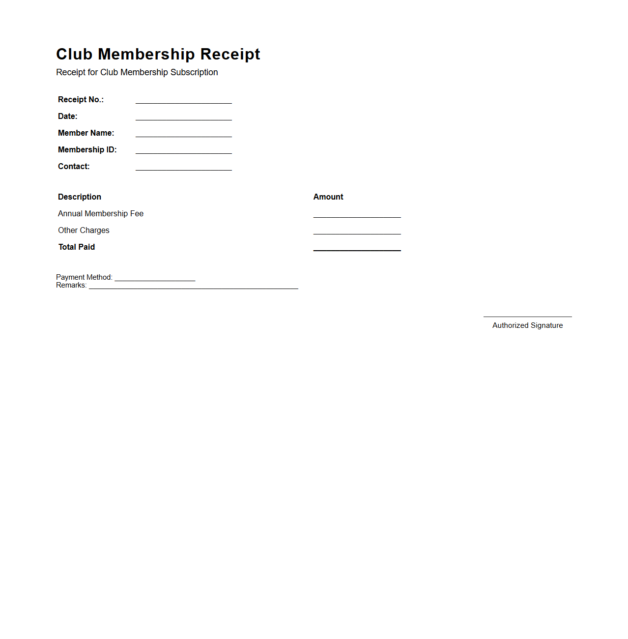 Club Membership Subscription Receipt Layout