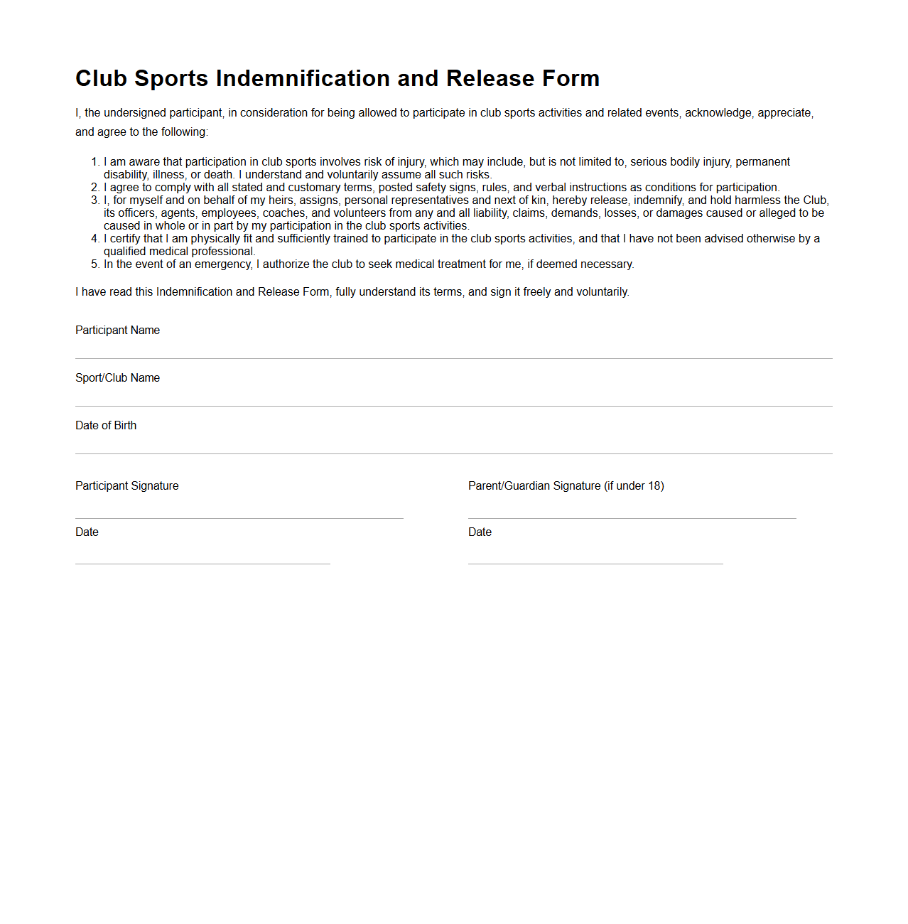 Club Sports Indemnification and Release Form