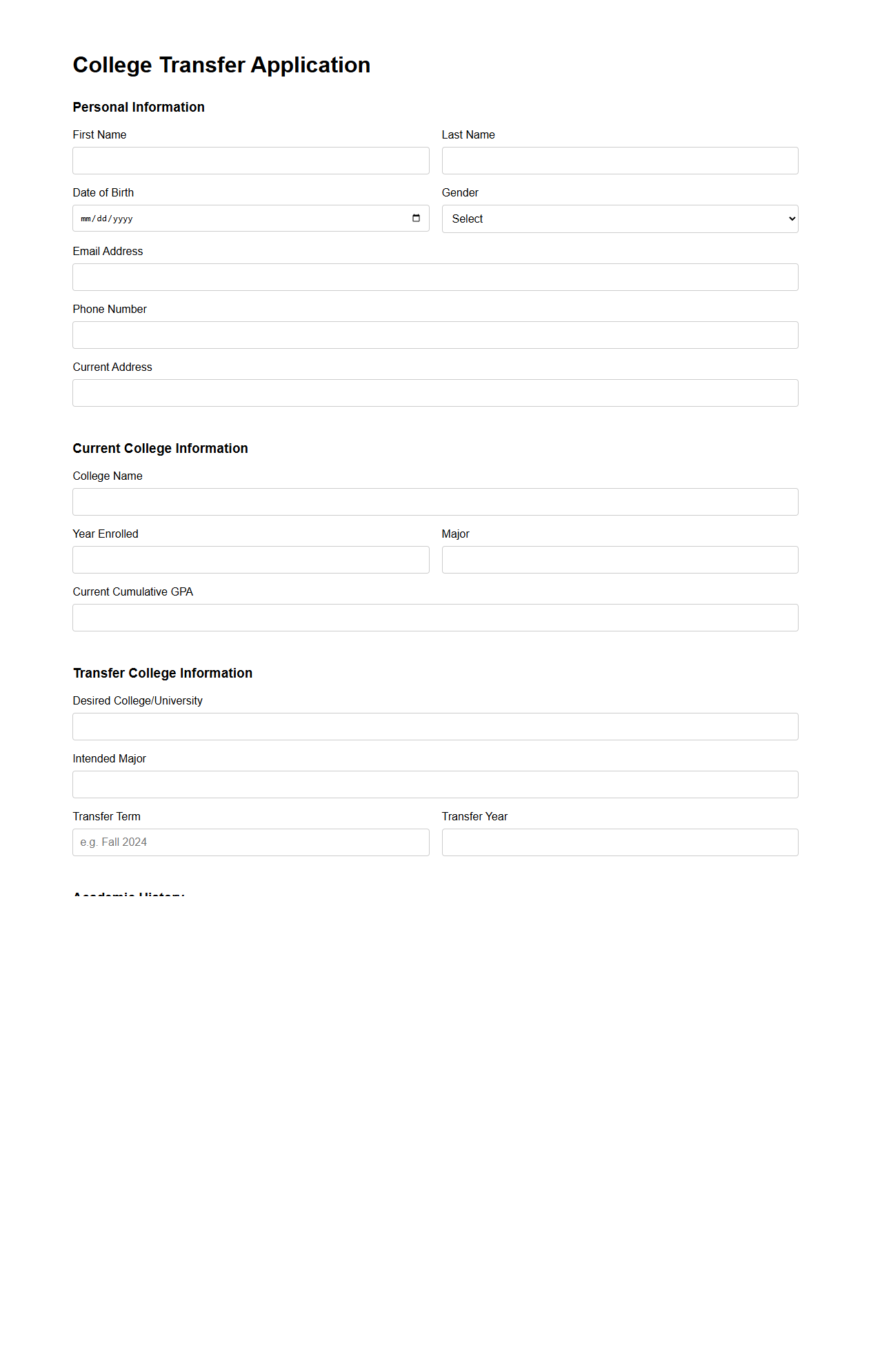 College Transfer Application Template