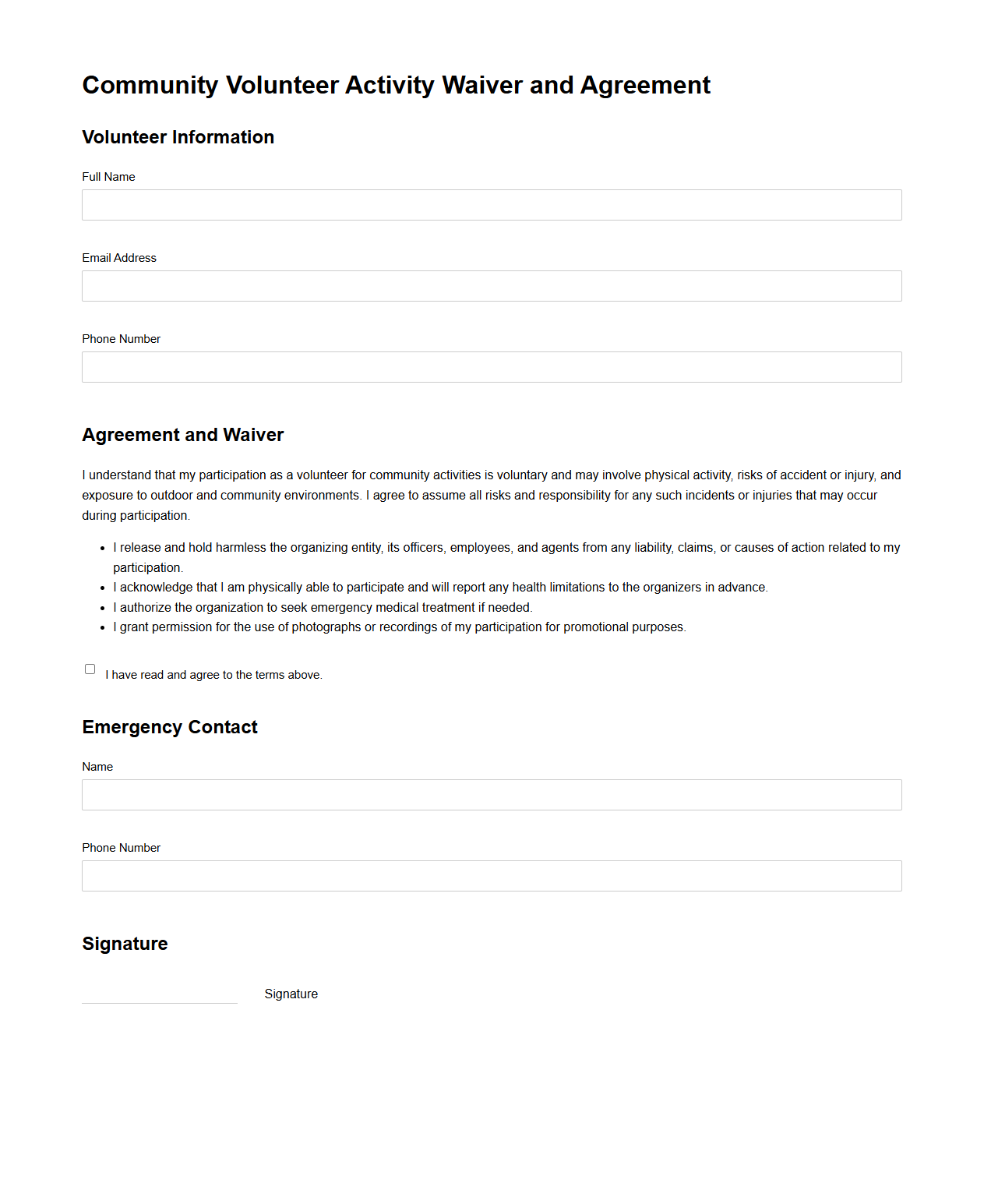 Community Volunteer Activity Waiver and Agreement