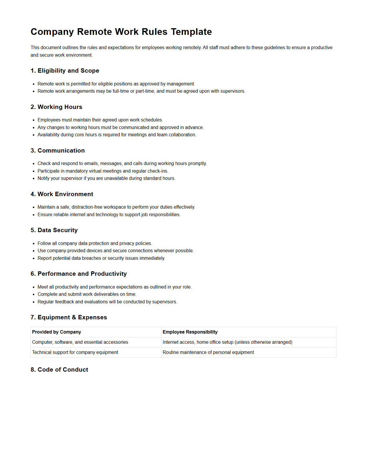 Company Remote Work Rules Template for Staff