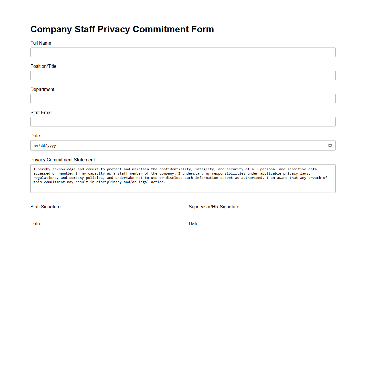 Company Staff Privacy Commitment Form