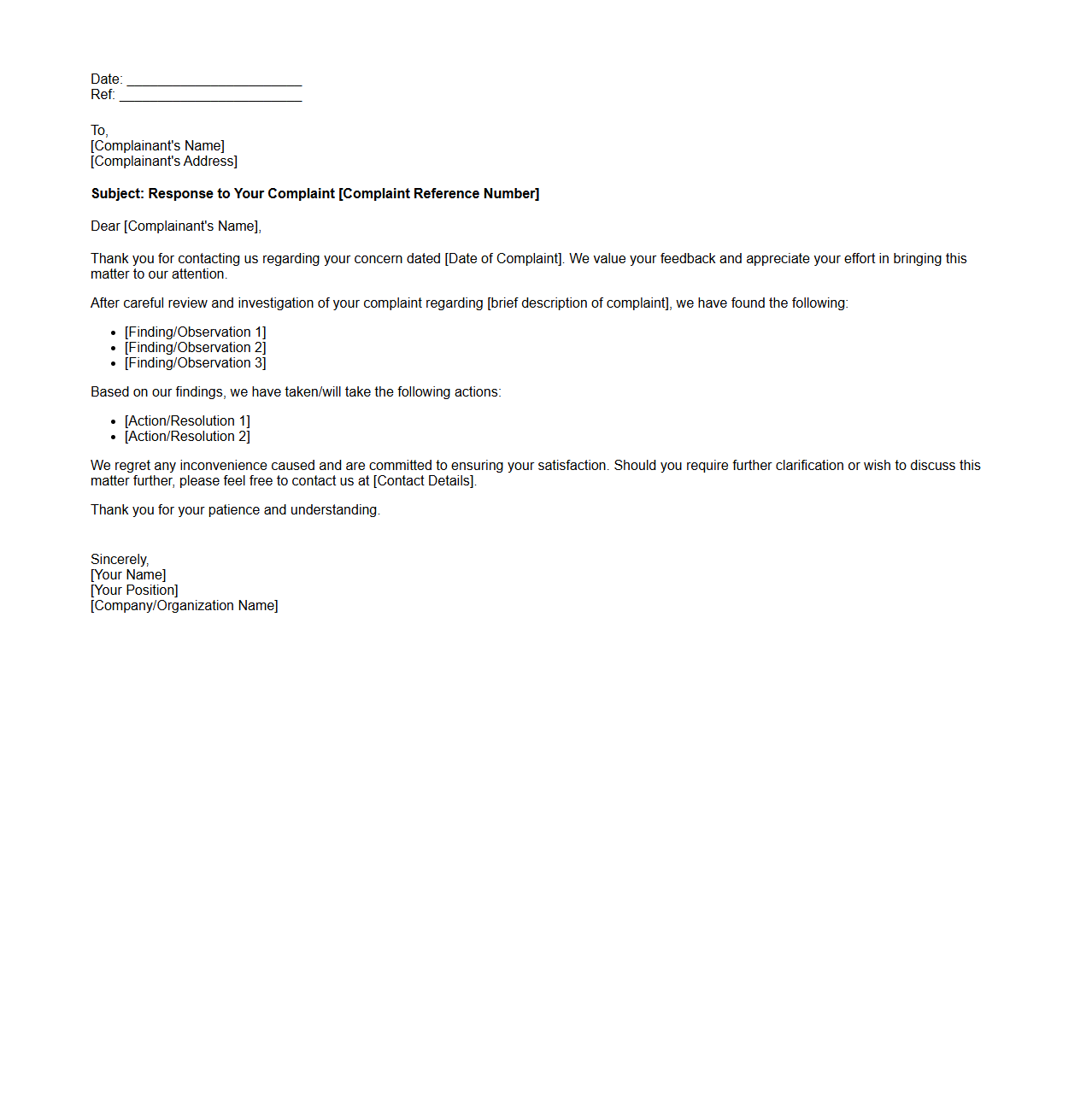 Complaint Feedback Response Letter Format