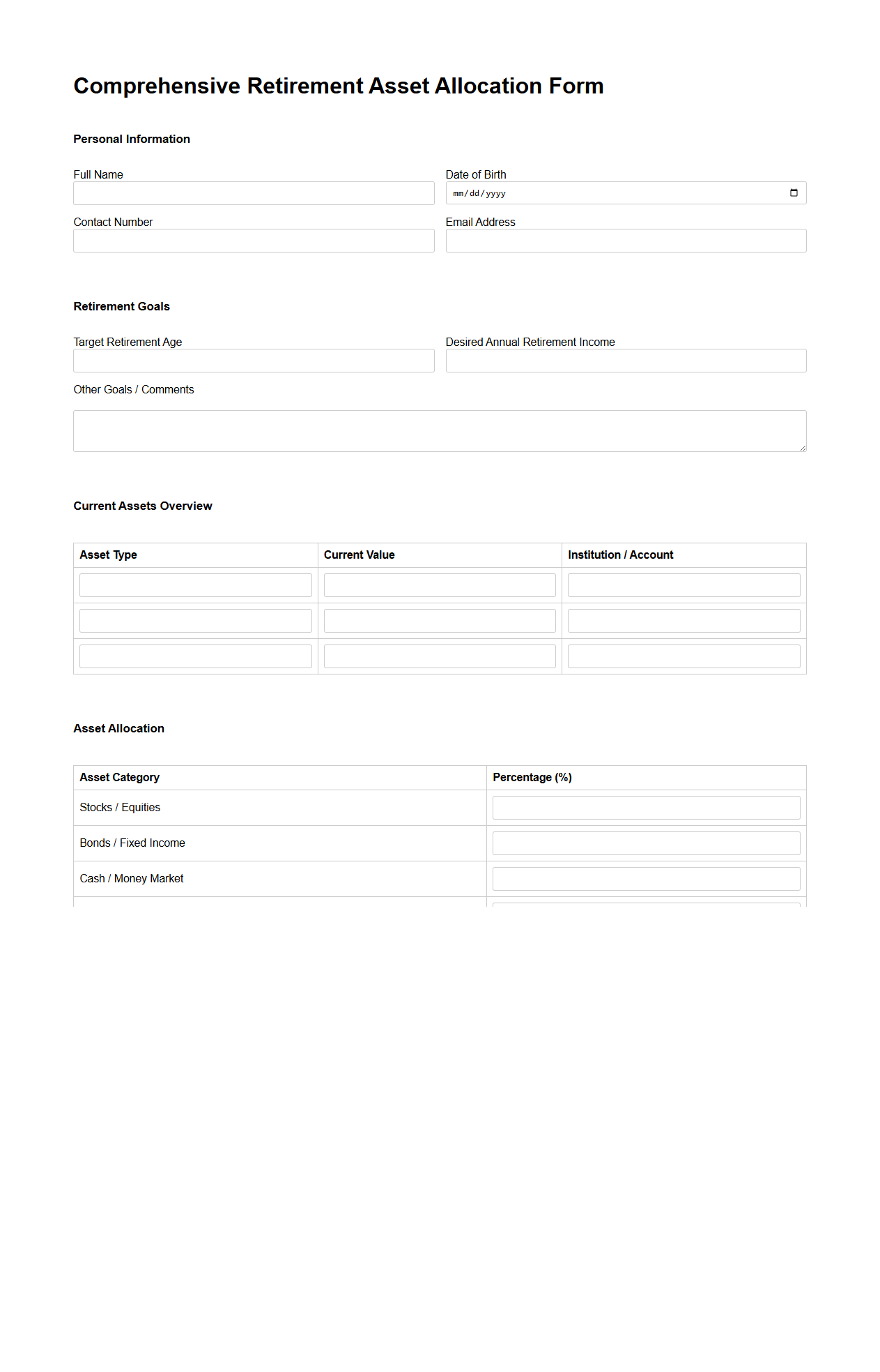 Comprehensive Retirement Asset Allocation Form