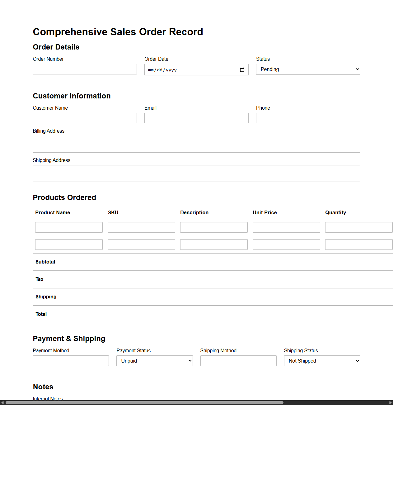 Comprehensive Sales Order Record Template