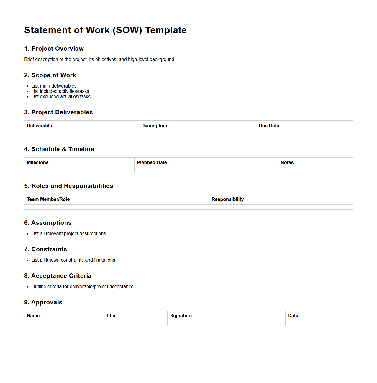 Comprehensive SOW Template for Project Proposals