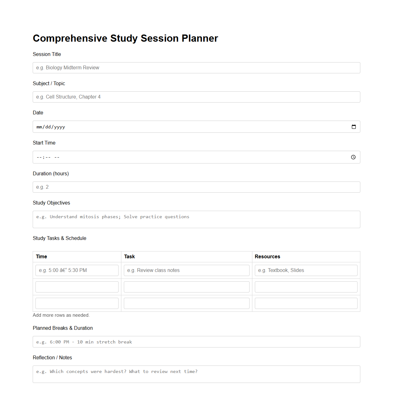 Comprehensive Study Session Planner