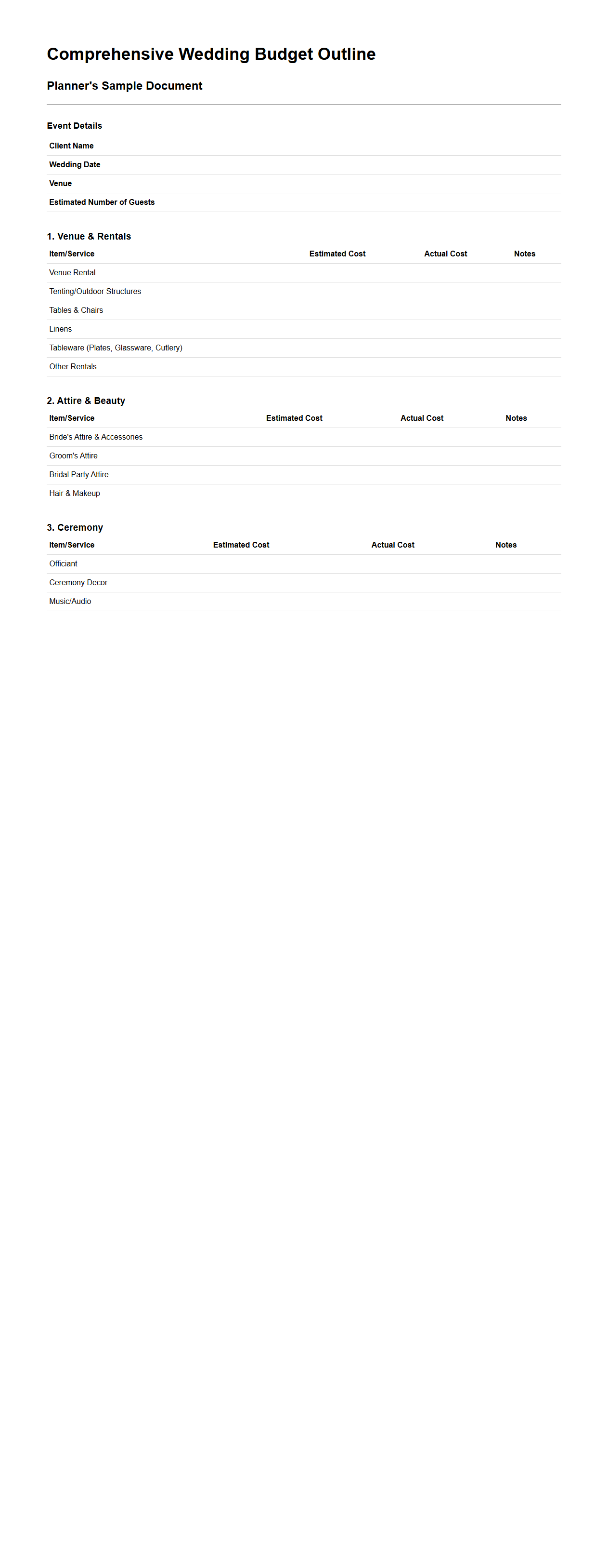 Comprehensive Wedding Budget Outline for Planners