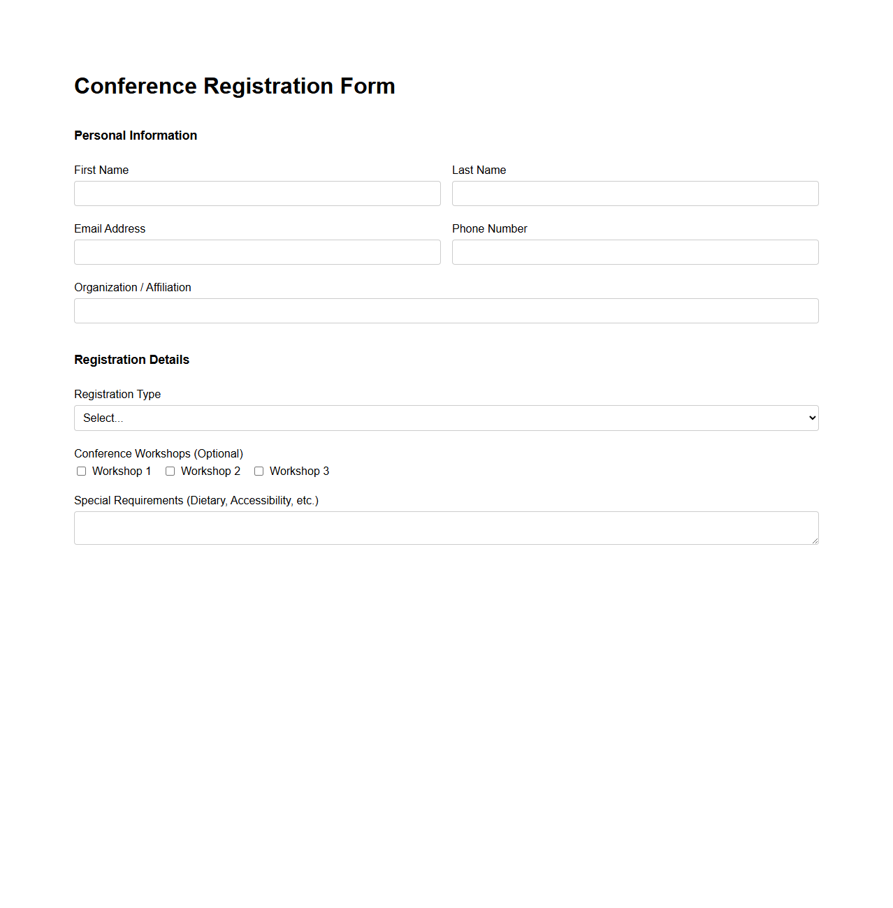 Conference Registration Form Layout