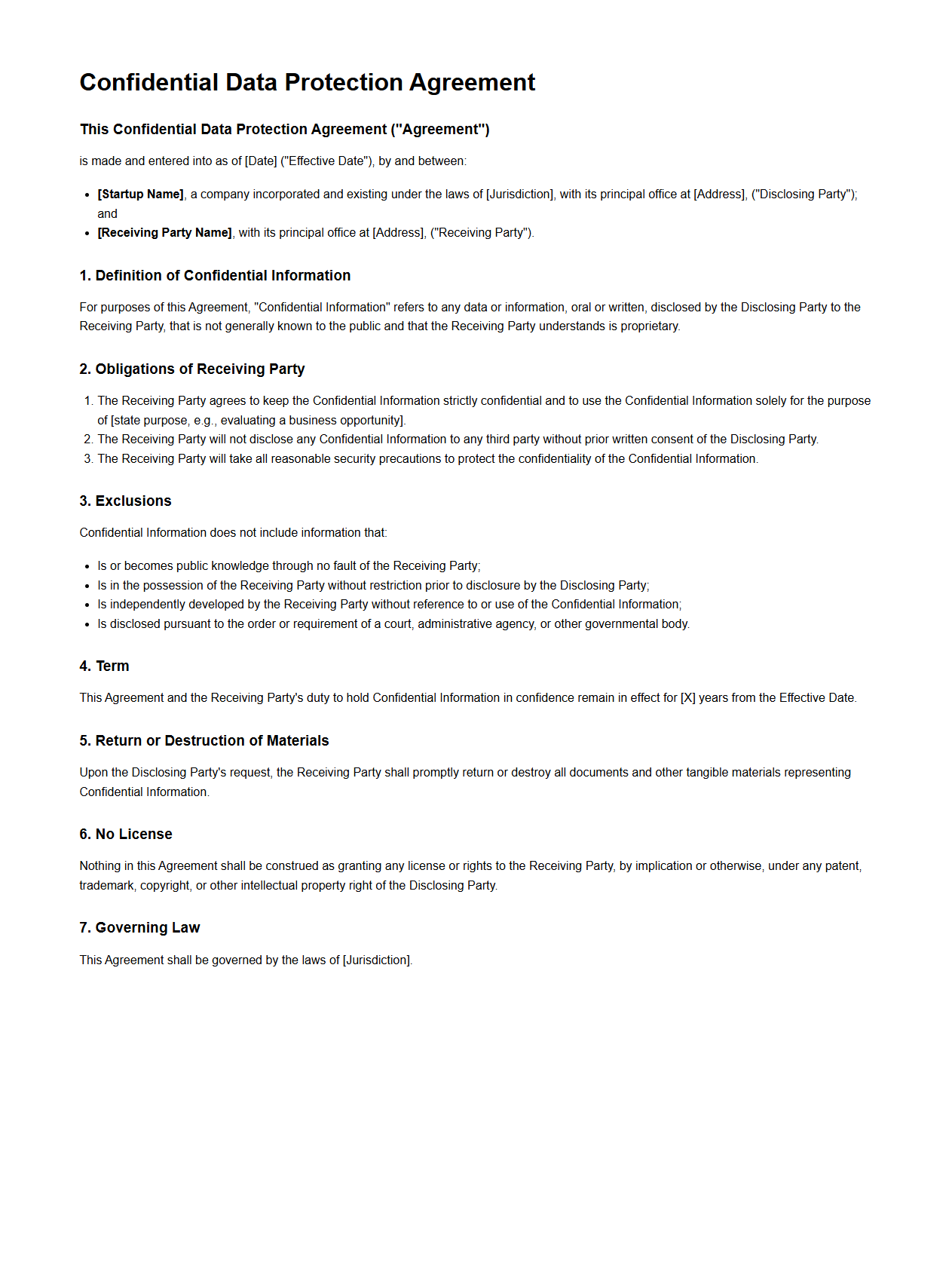 Confidential Data Protection Agreement Sample for Startups