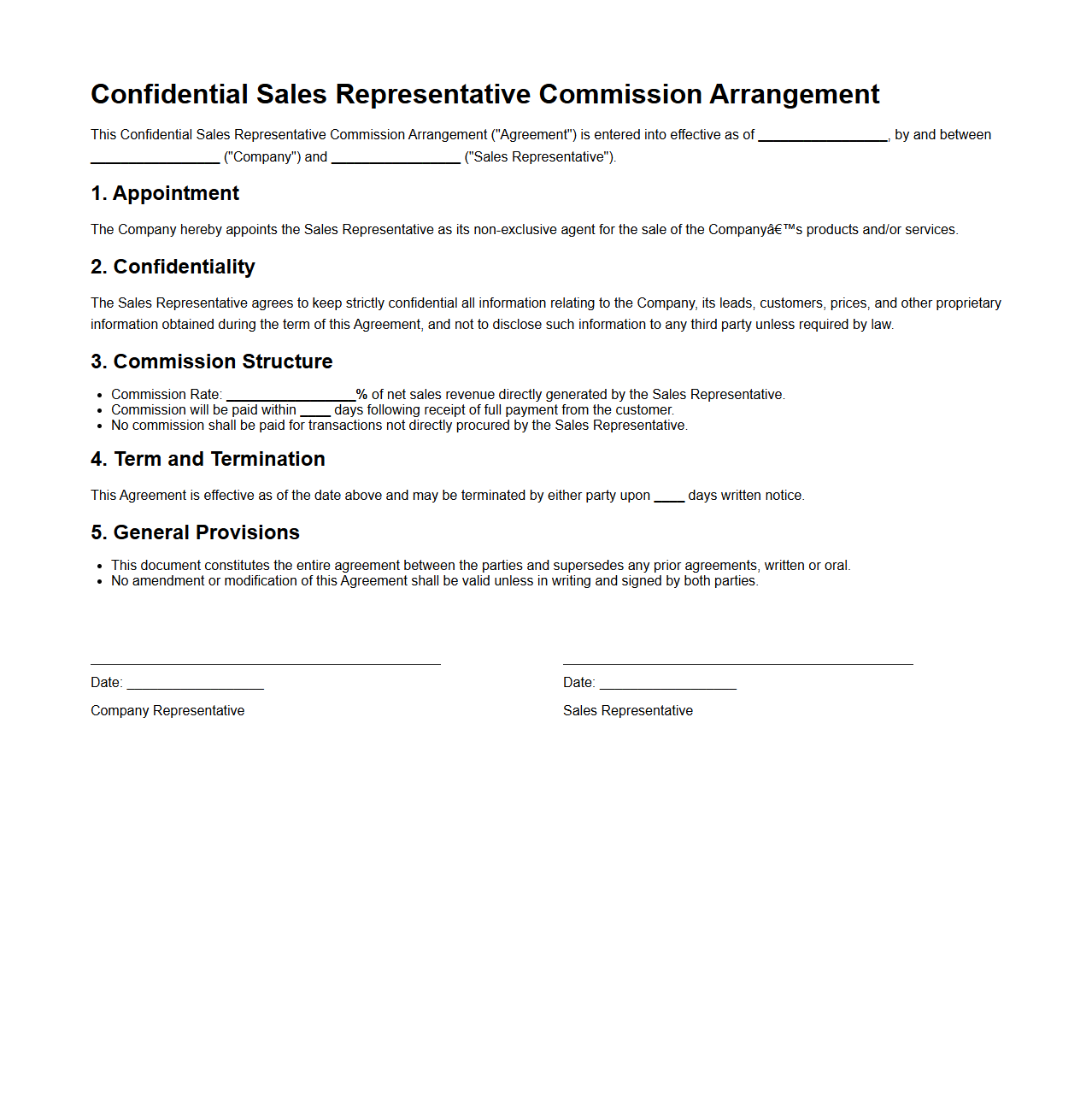 Confidential Sales Representative Commission Arrangement
