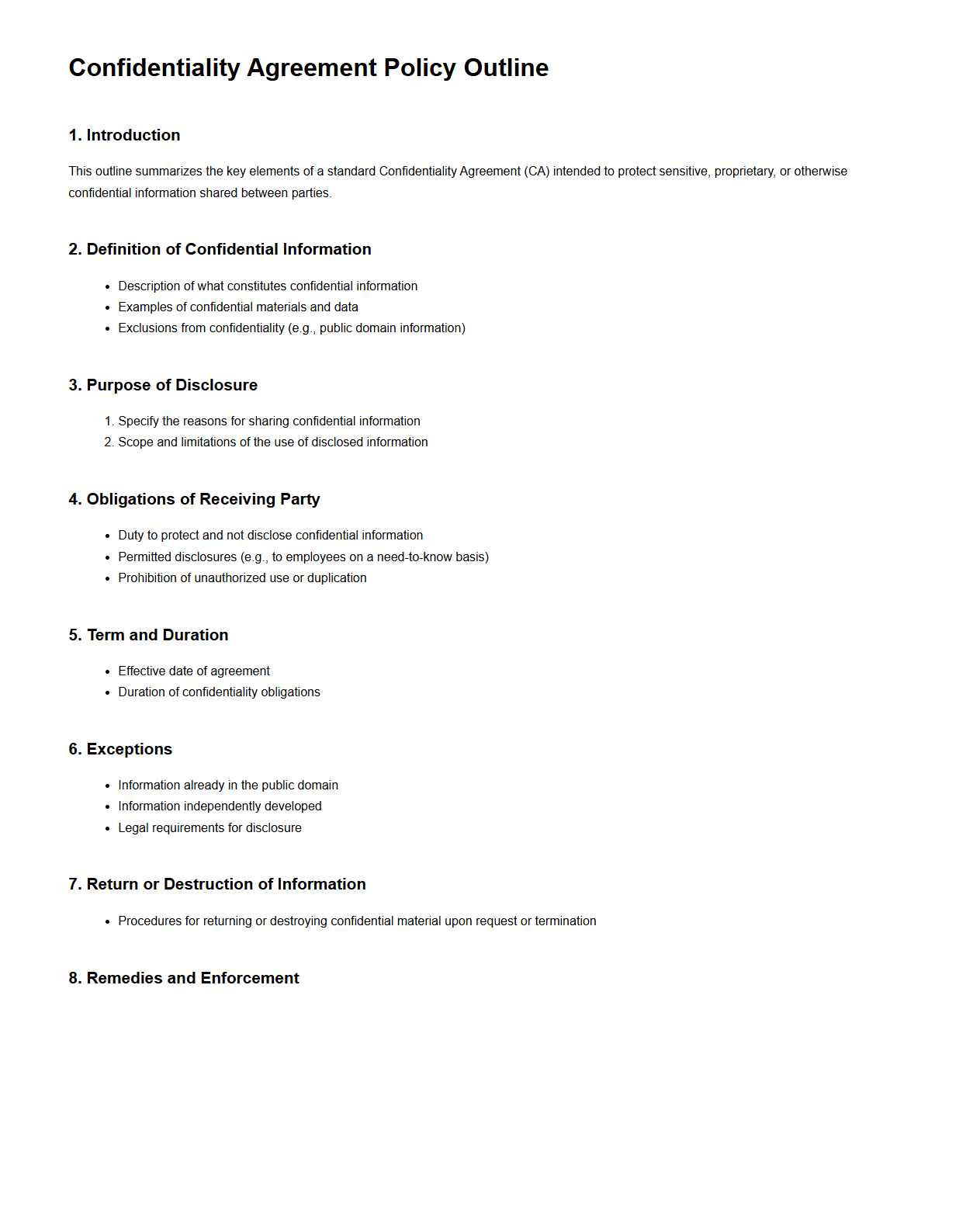 Confidentiality Agreement Policy Outline