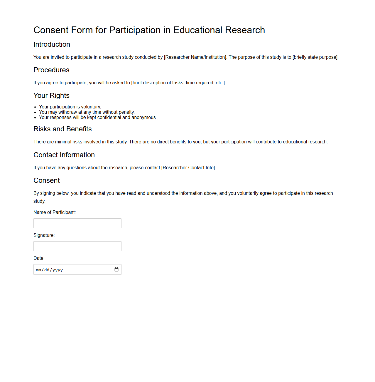 Consent Form Prototype for Educational Research