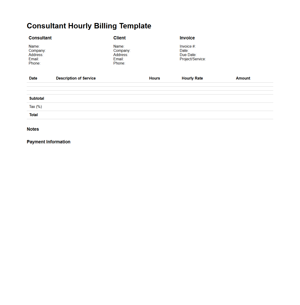 Consultant Service Hourly Billing Template