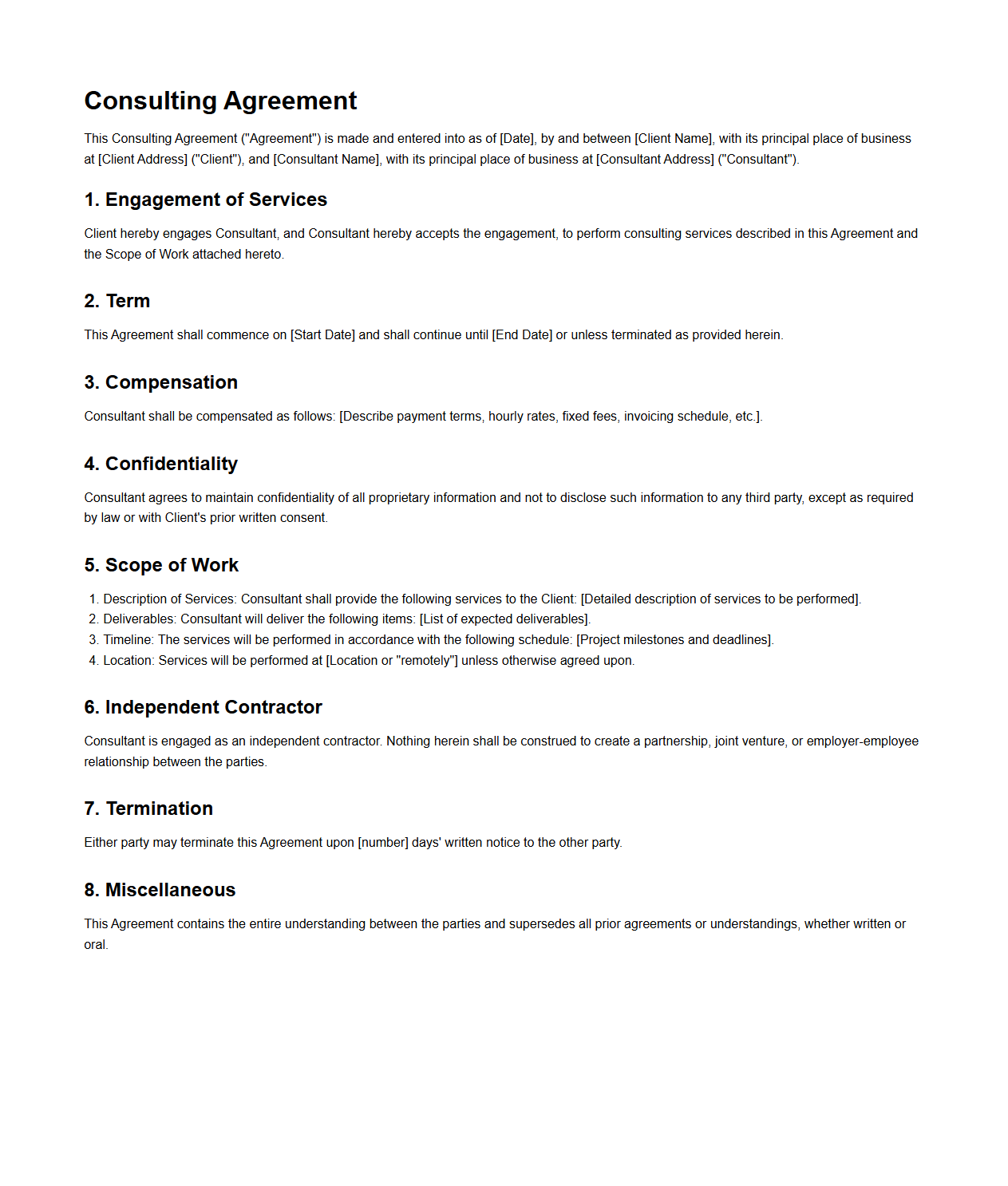 Consulting Agreement Template with Scope of Work Section