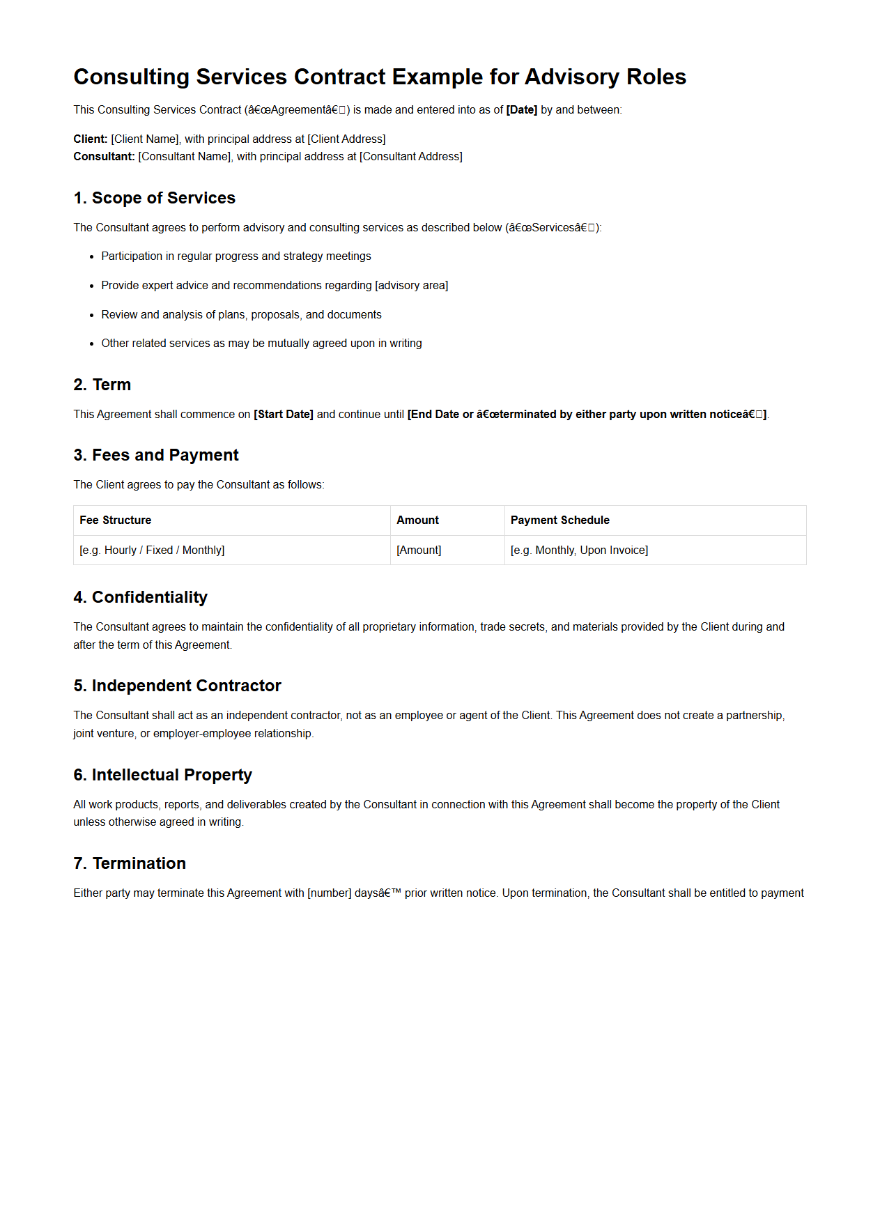 Consulting Services Contract Example for Advisory Roles