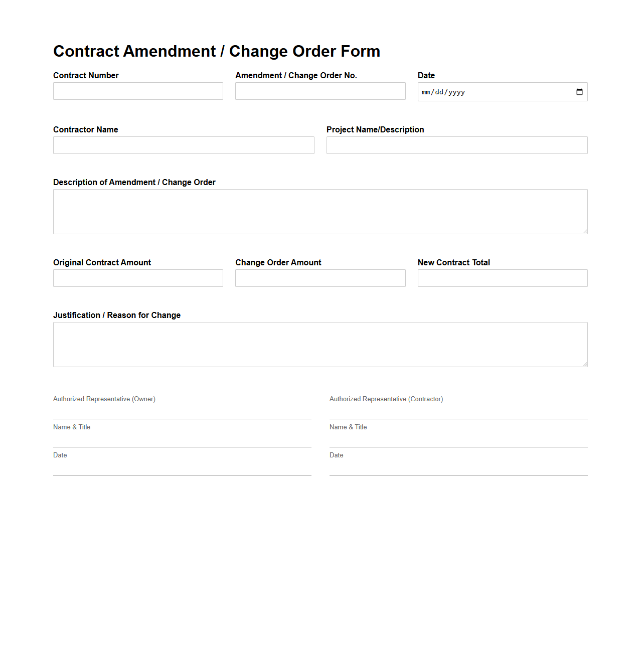 Contract Amendment Change Order Form