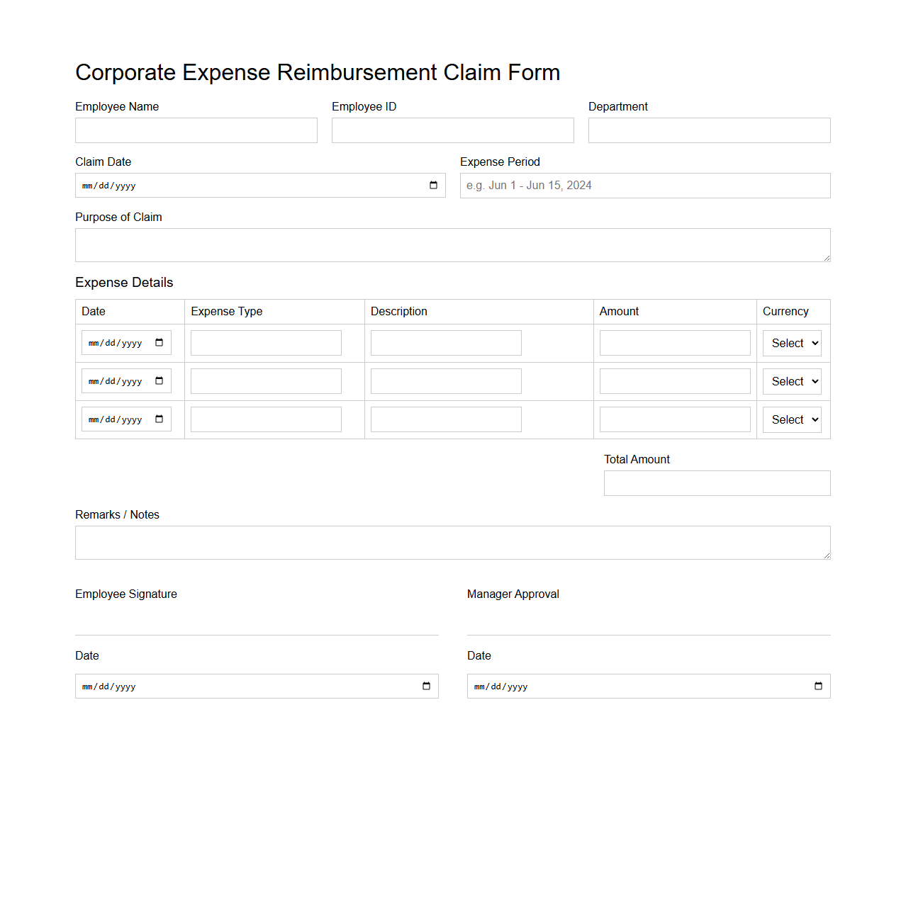Corporate Expense Reimbursement Claim Form