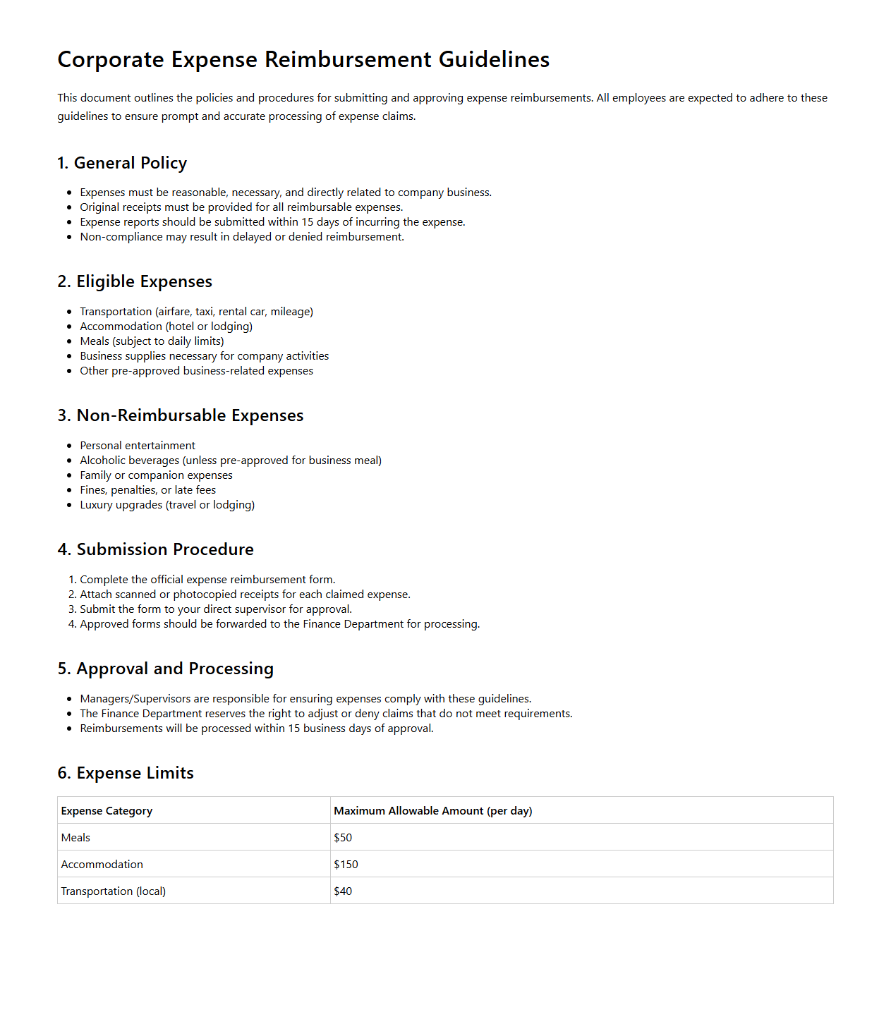 Corporate Expense Reimbursement Guidelines Template