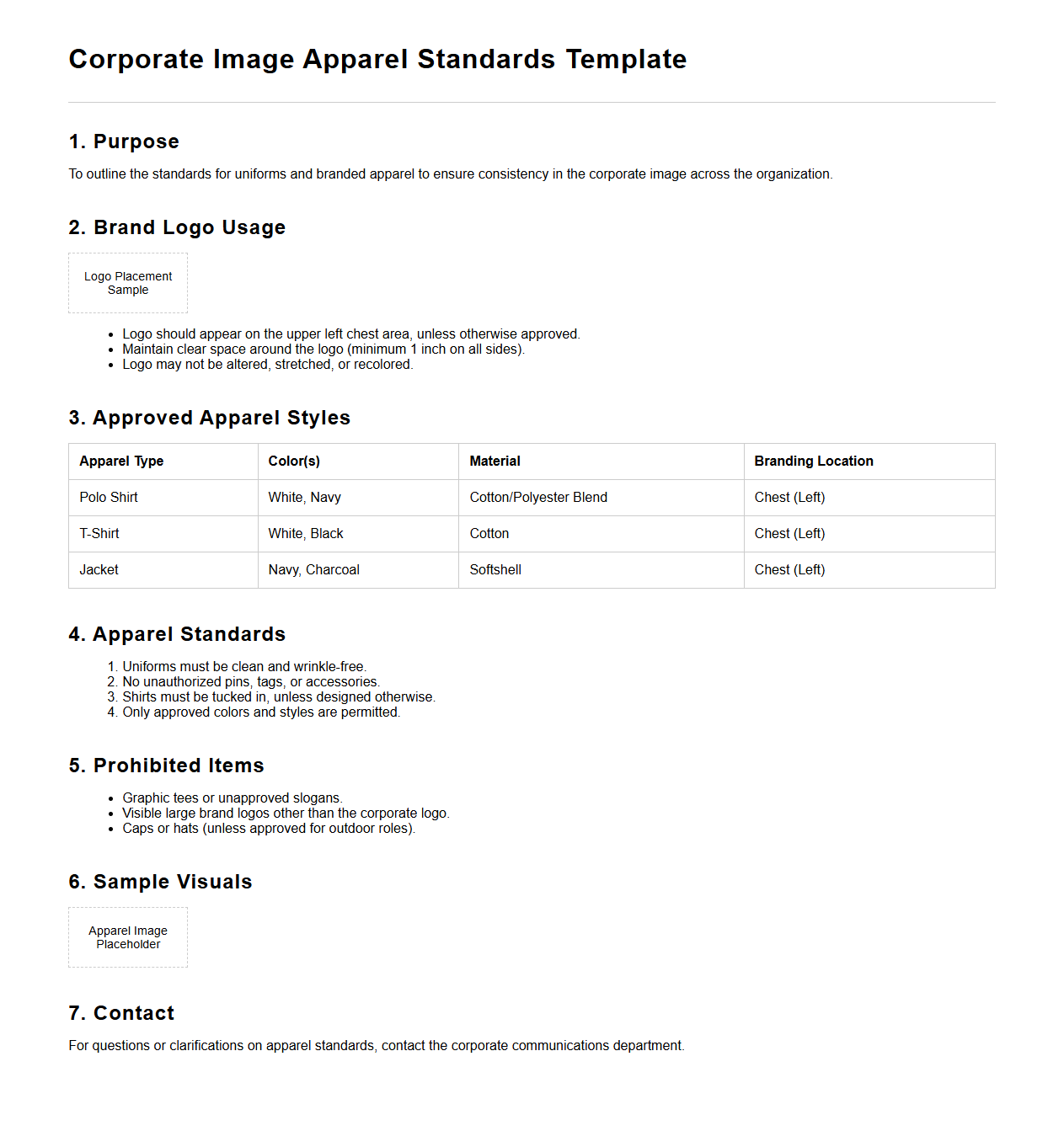 Corporate Image Apparel Standards Template