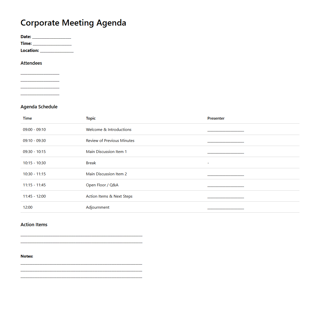 Corporate Meeting Agenda Schedule Outline
