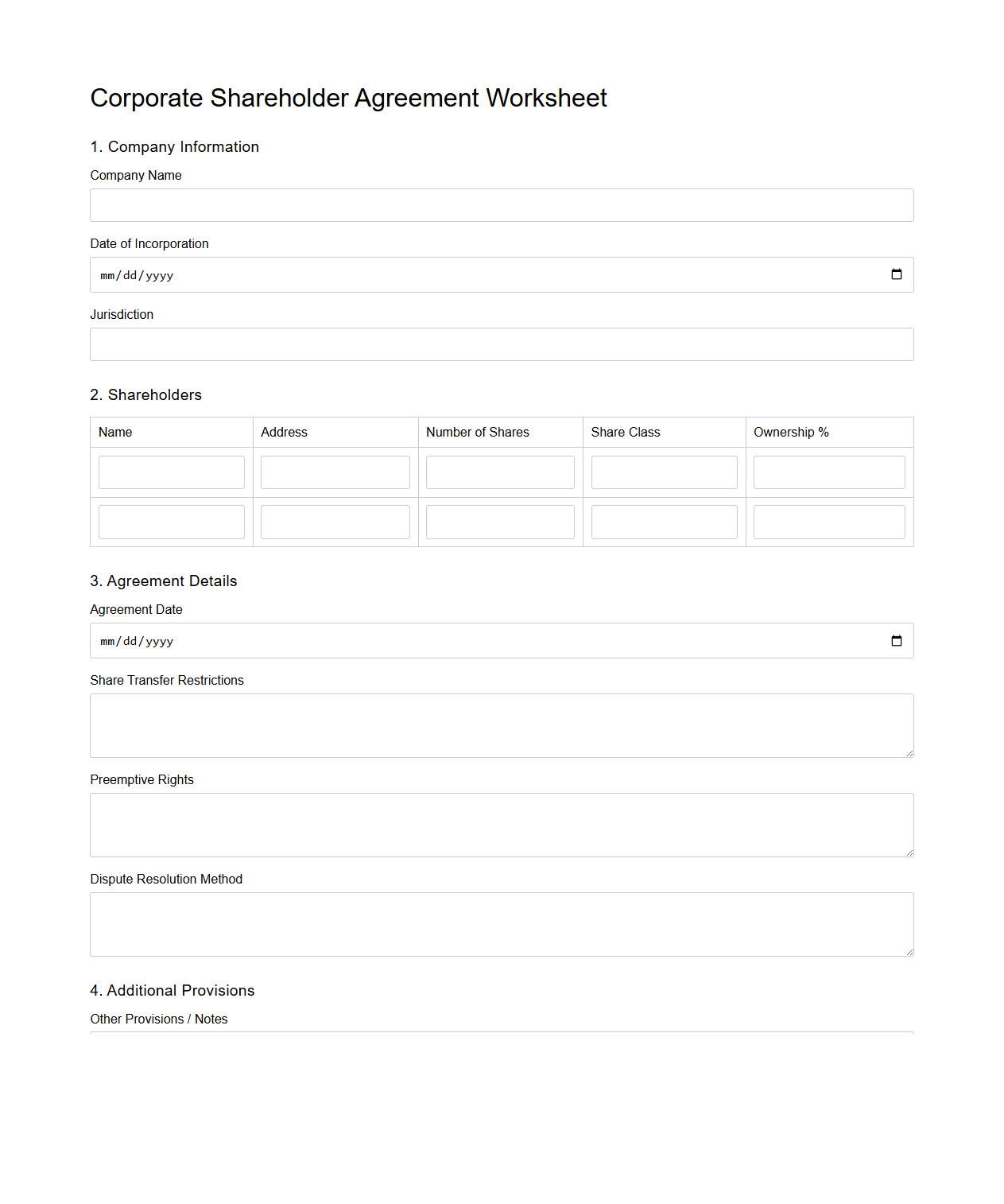 Corporate Shareholder Agreement Worksheet