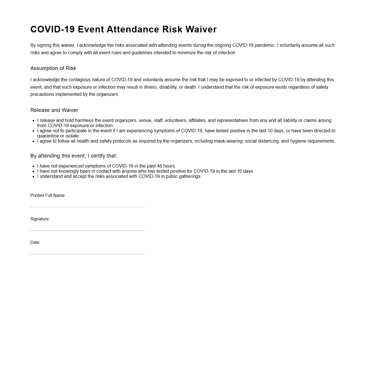 COVID-19 Event Attendance Risk Waiver