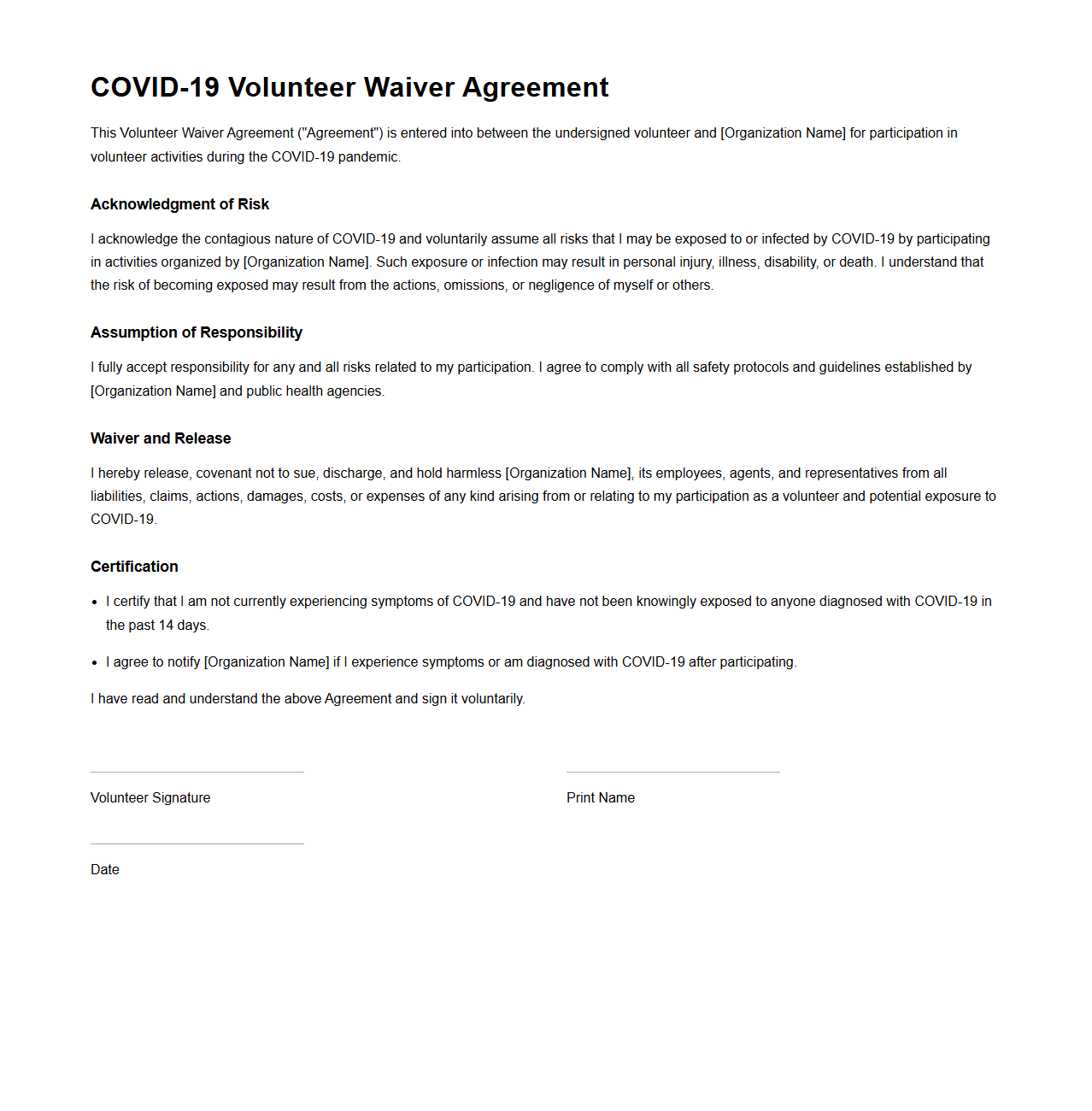 COVID-19 Volunteer Waiver Agreement Template