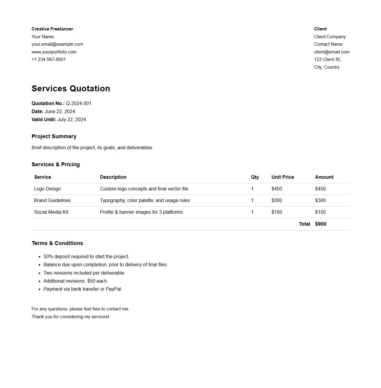 Creative Freelancer Services Quotation Sample