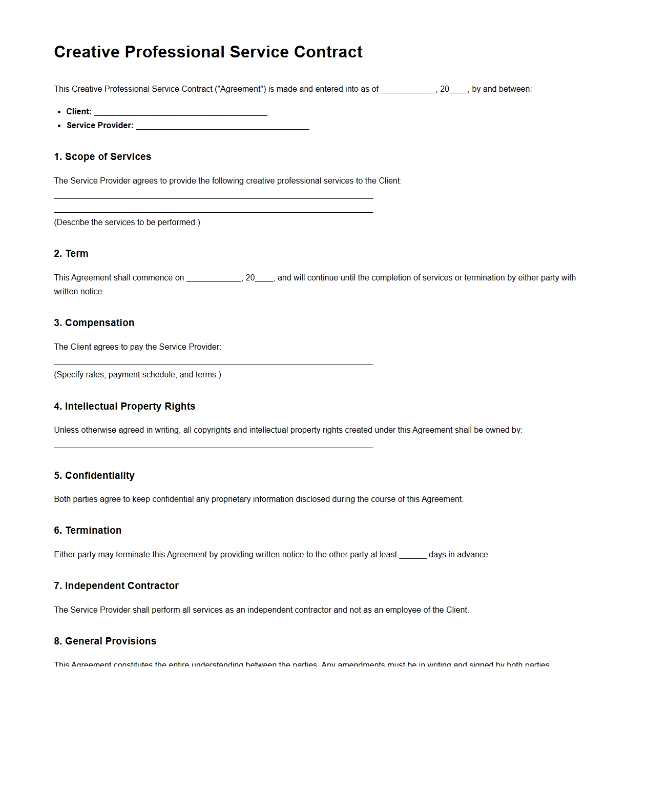 Creative Professional Service Contract Sample
