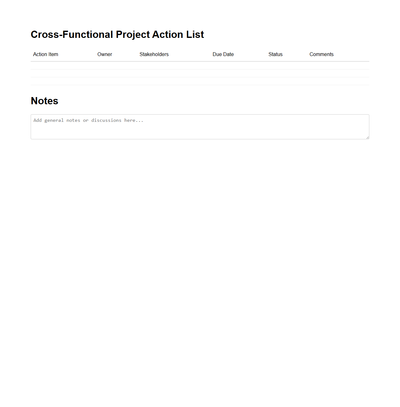 Cross-Functional Project Action List Template