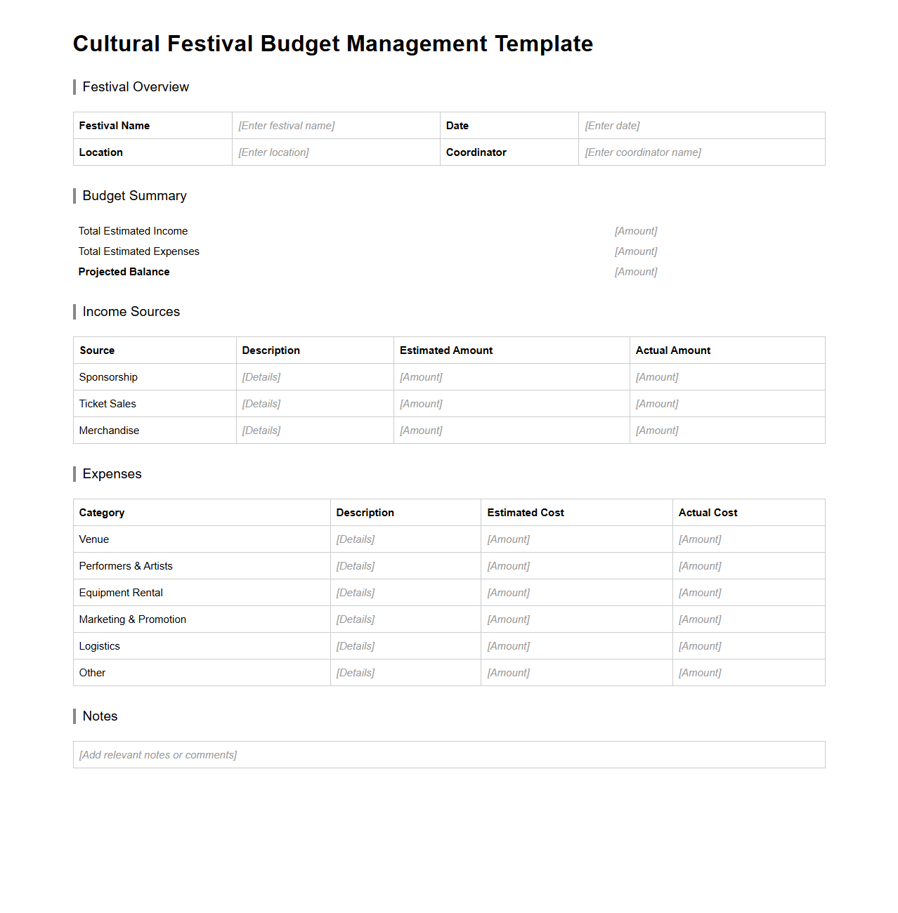 Cultural Festival Budget Management Template