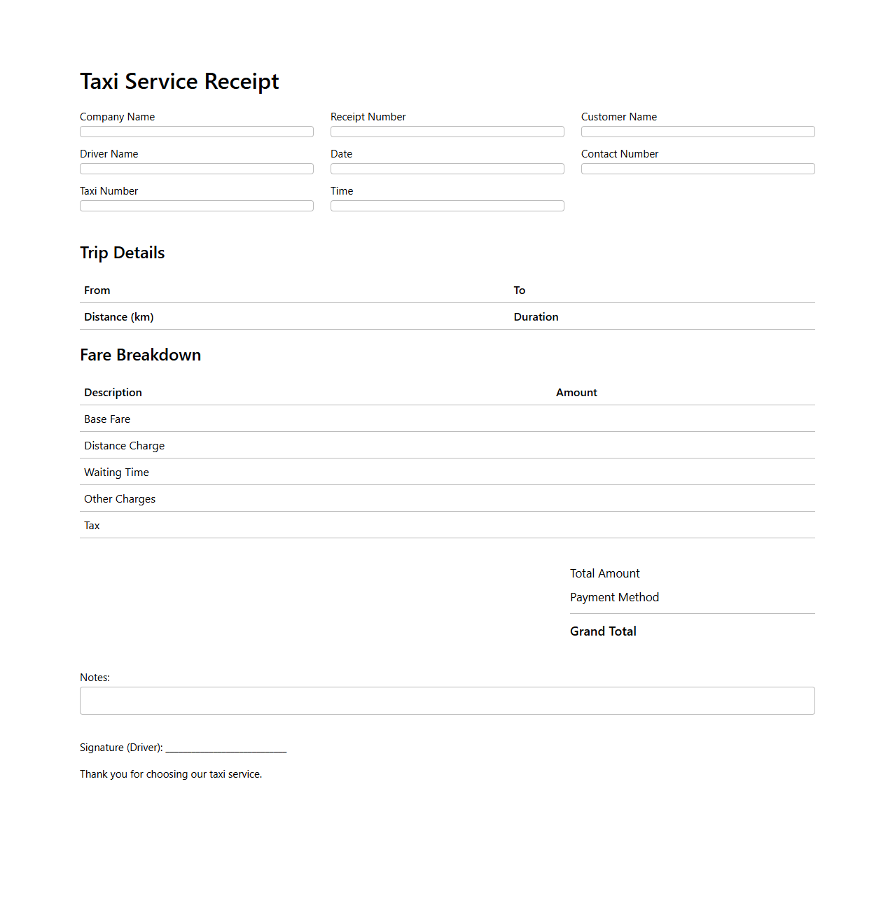 Custom Taxi Service Receipt Template