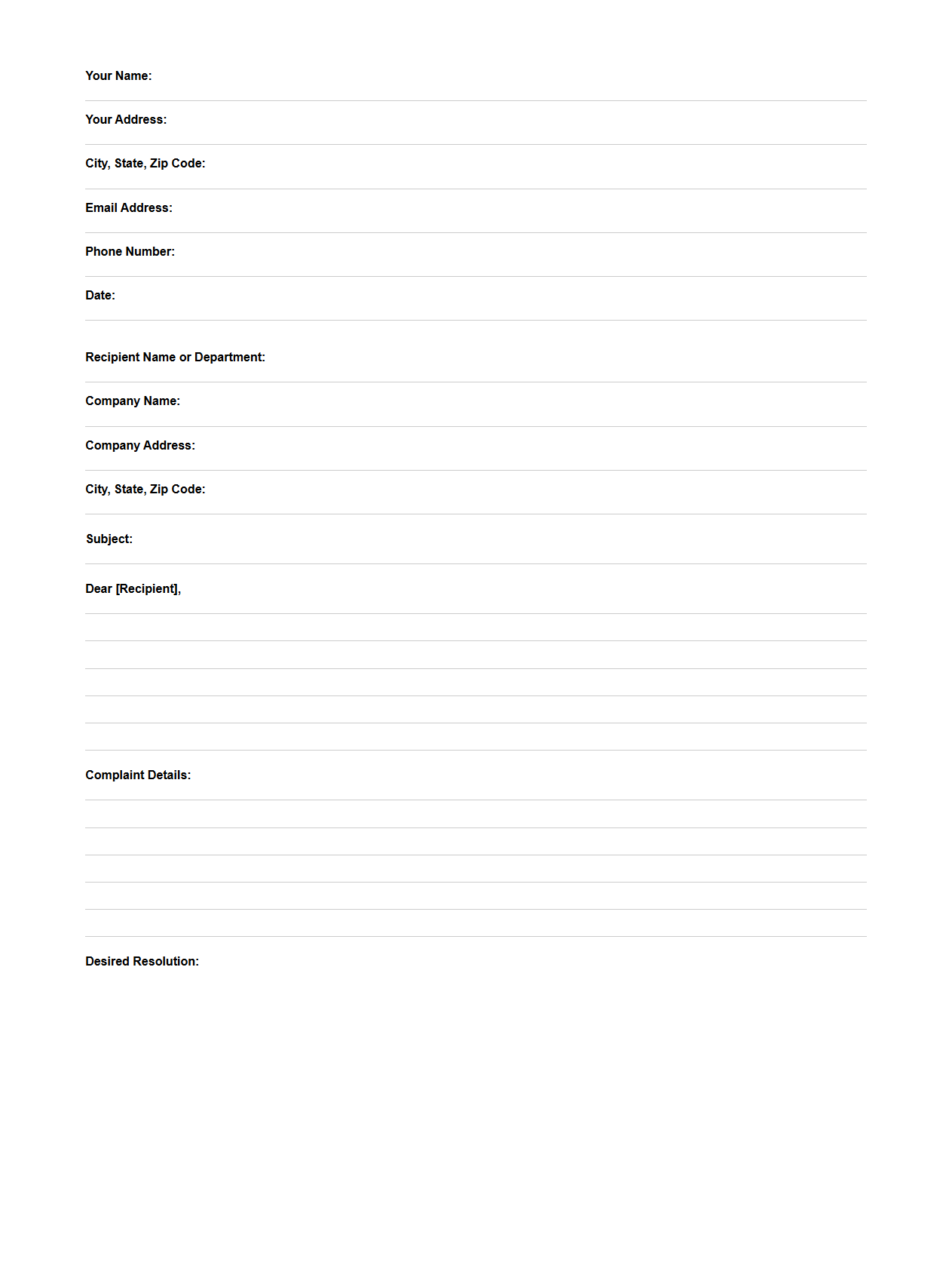 Customer Complaint Letter Skeleton