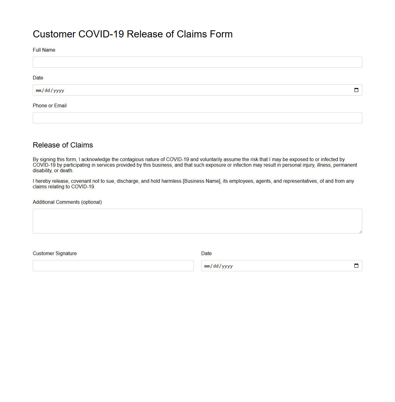 Customer COVID-19 Release of Claims Form