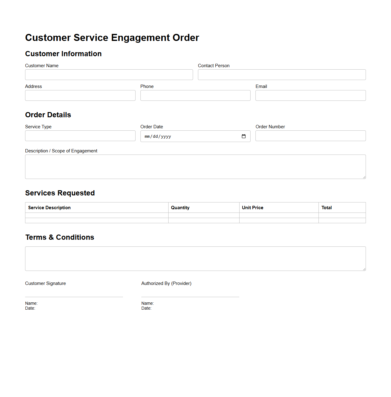 Customer Service Engagement Order Template