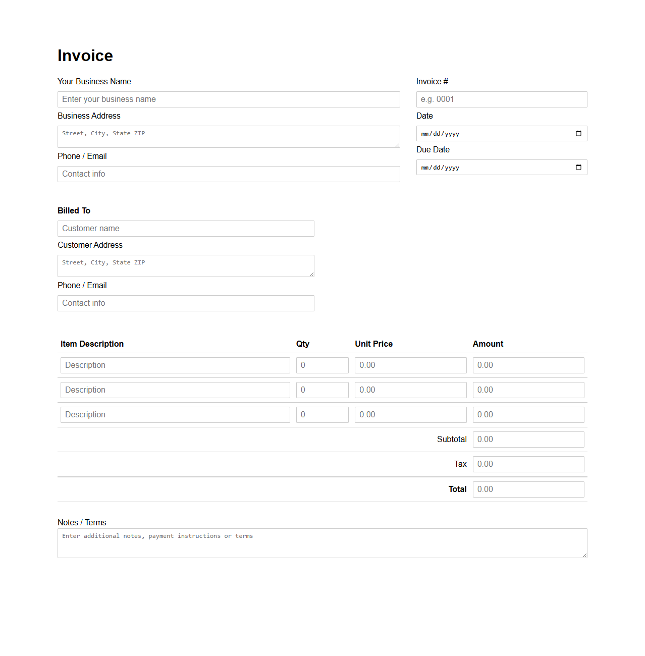 Customizable Blank Invoice for Local Businesses