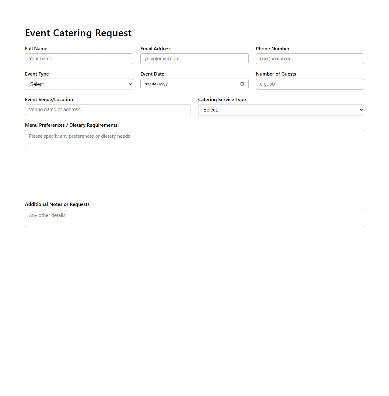 Customizable Event Catering Request Template