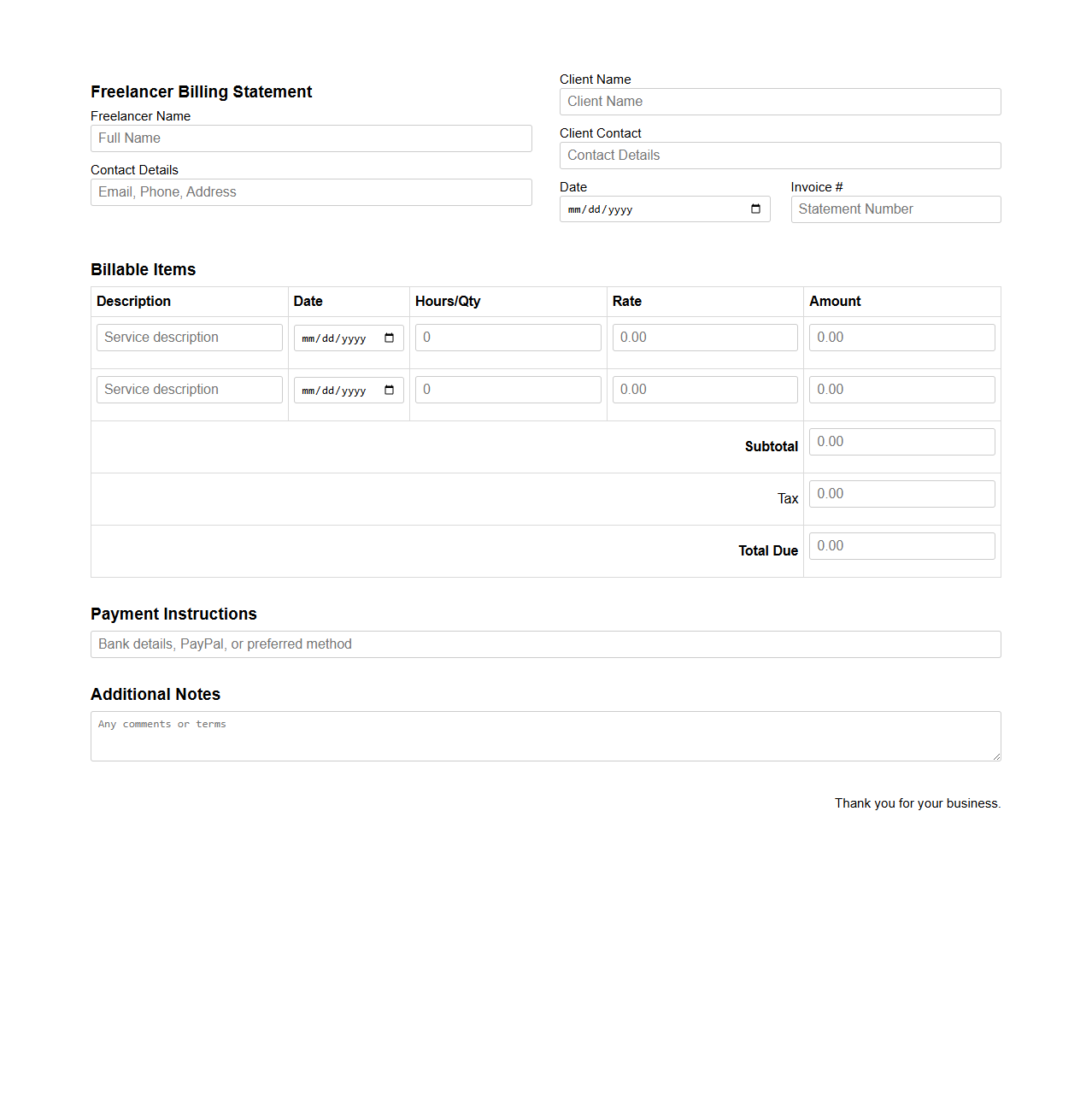Customizable Freelancer Billing Statement