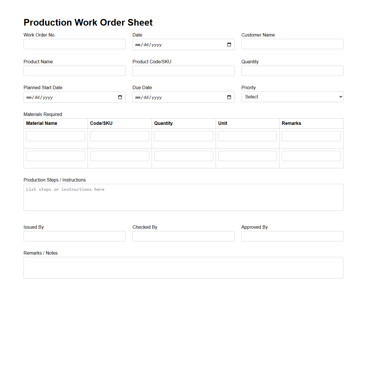 Customizable Production Work Order Sheet
