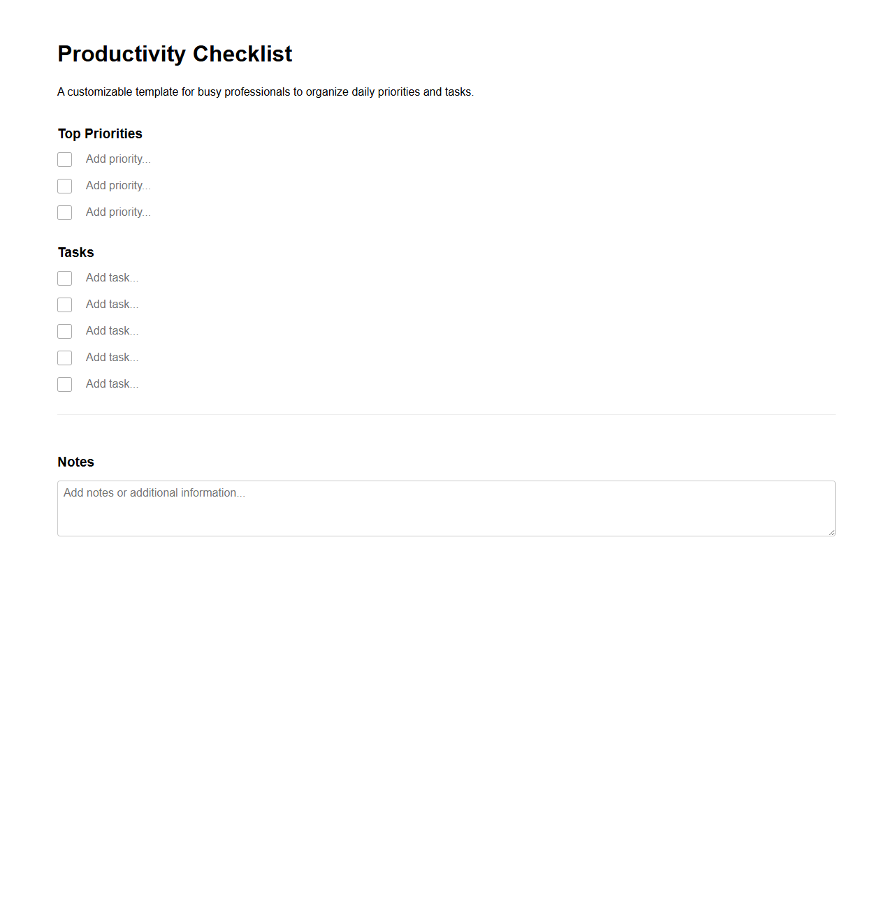 Customizable Productivity Checklist Template for Busy Professionals